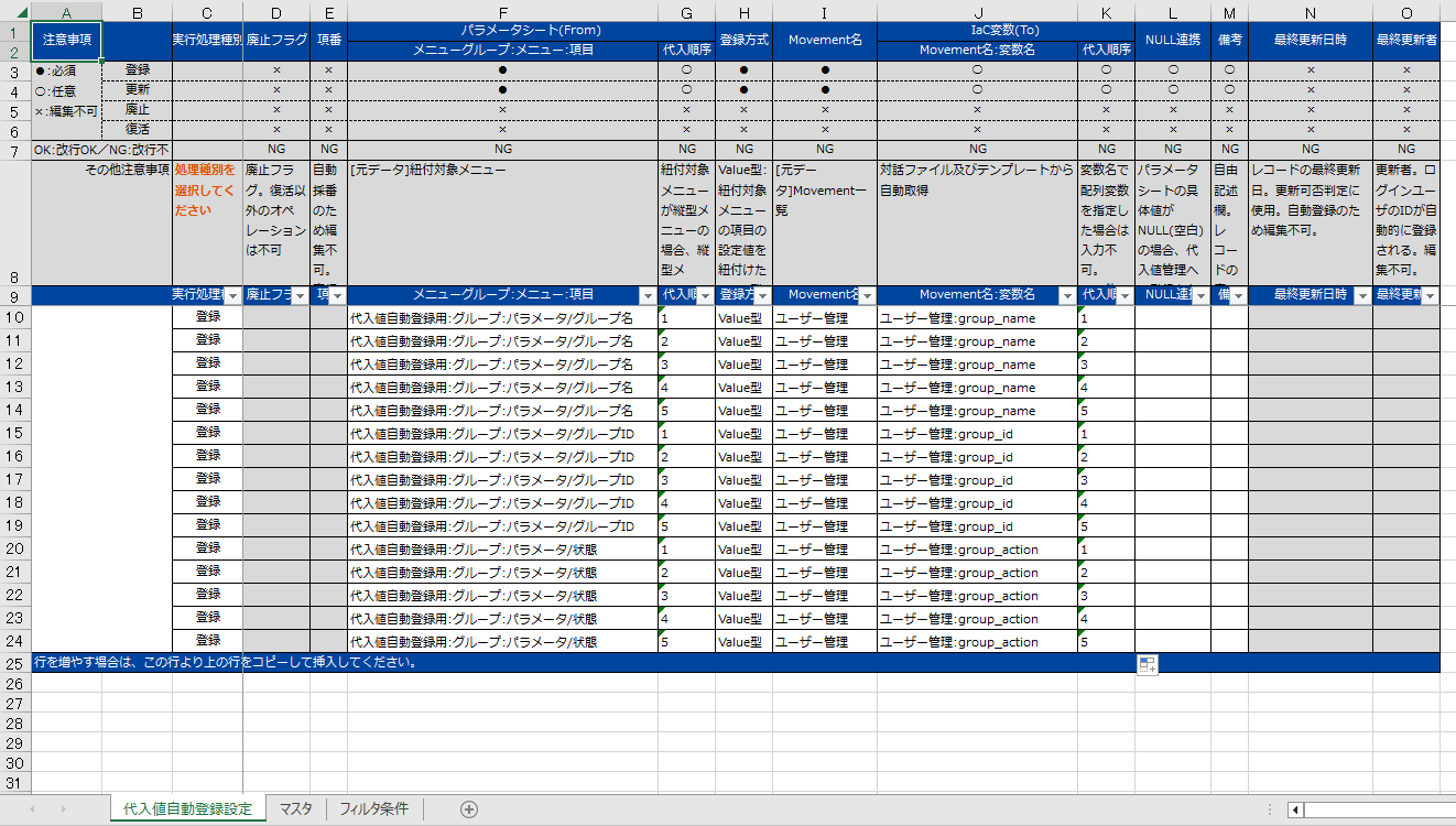 グループの代入値自動登録設定