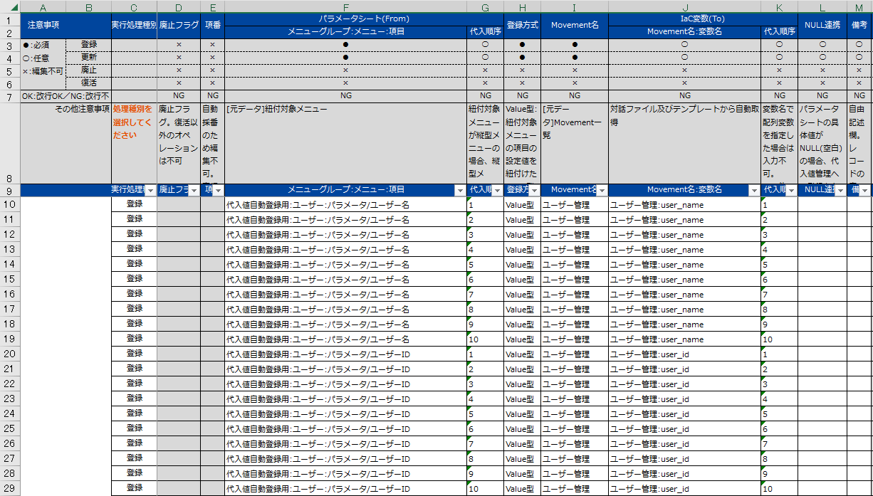 ユーザーの代入値自動登録設定