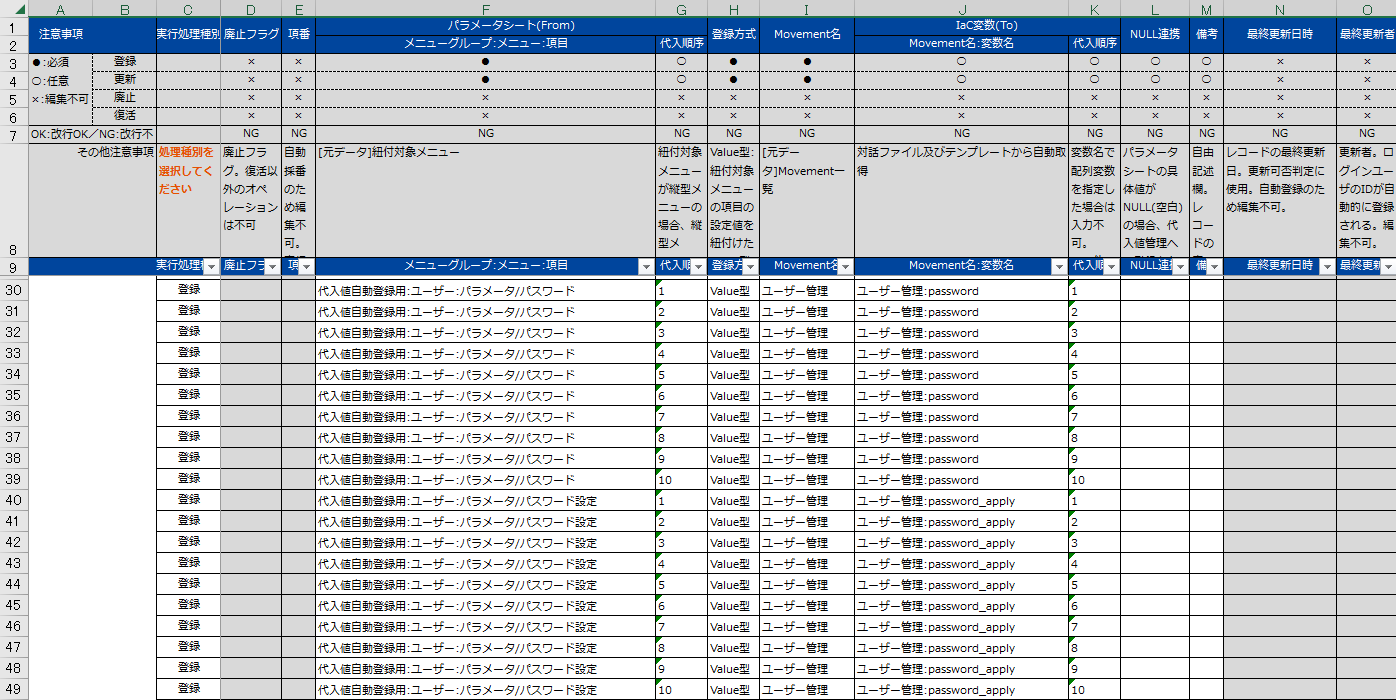 ユーザーの代入値自動登録設定