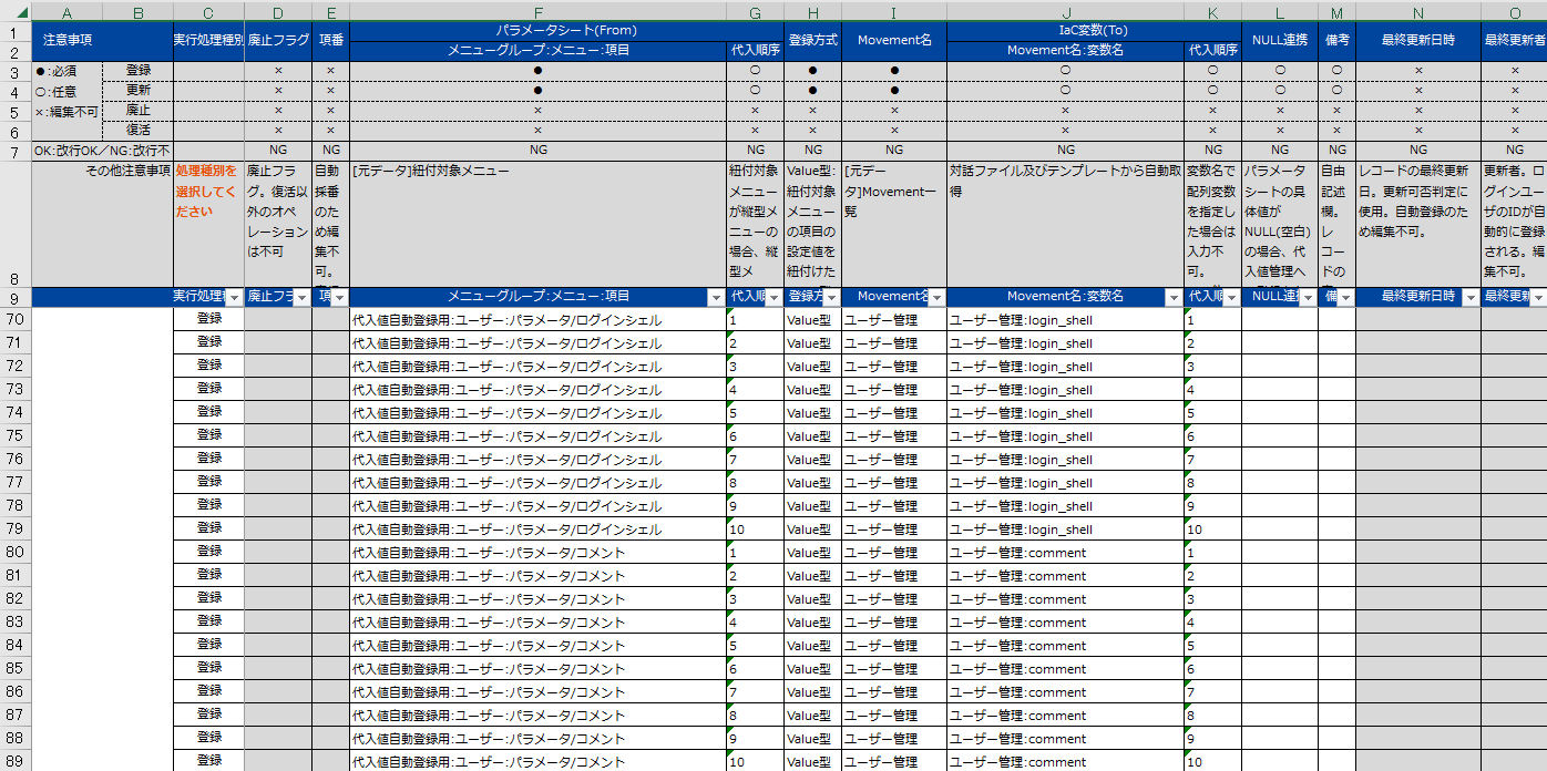 ユーザーの代入値自動登録設定