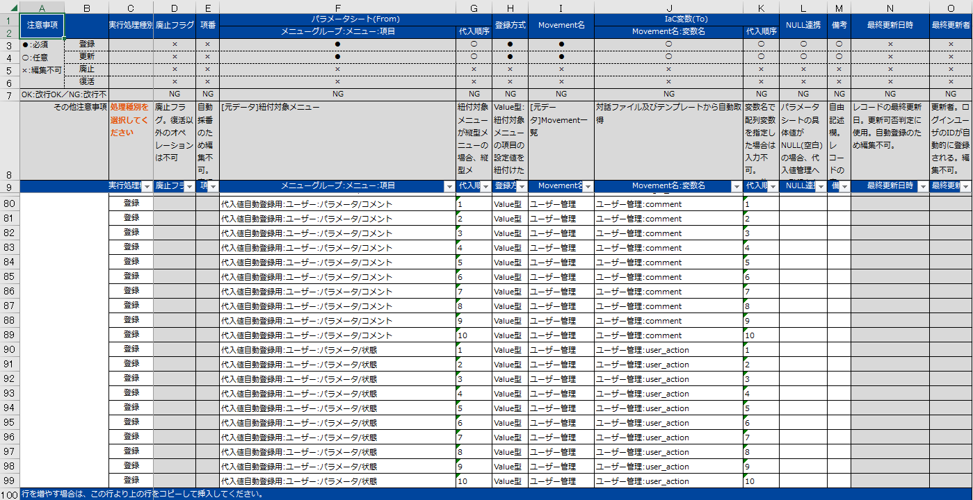 ユーザーの代入値自動登録設定