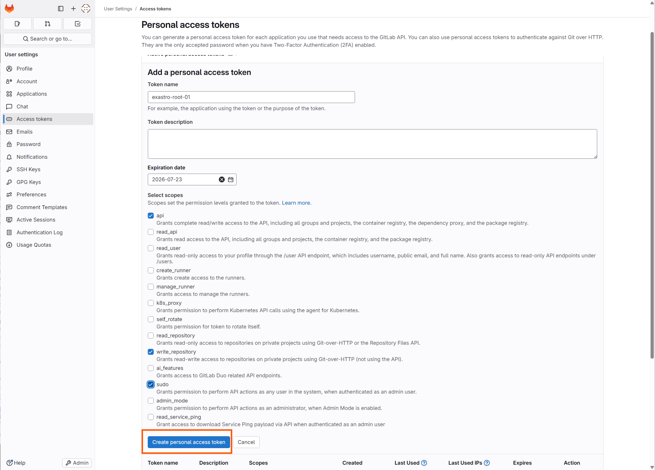 「Create personal access token」を押下