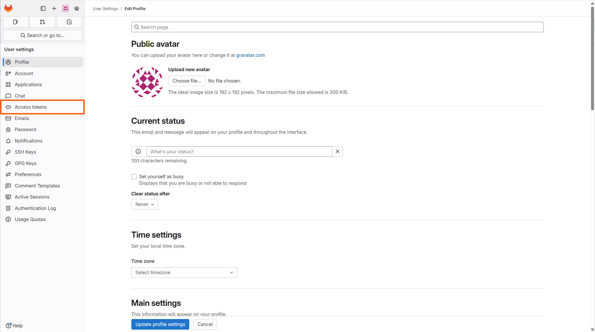 「Access tokens」を押下