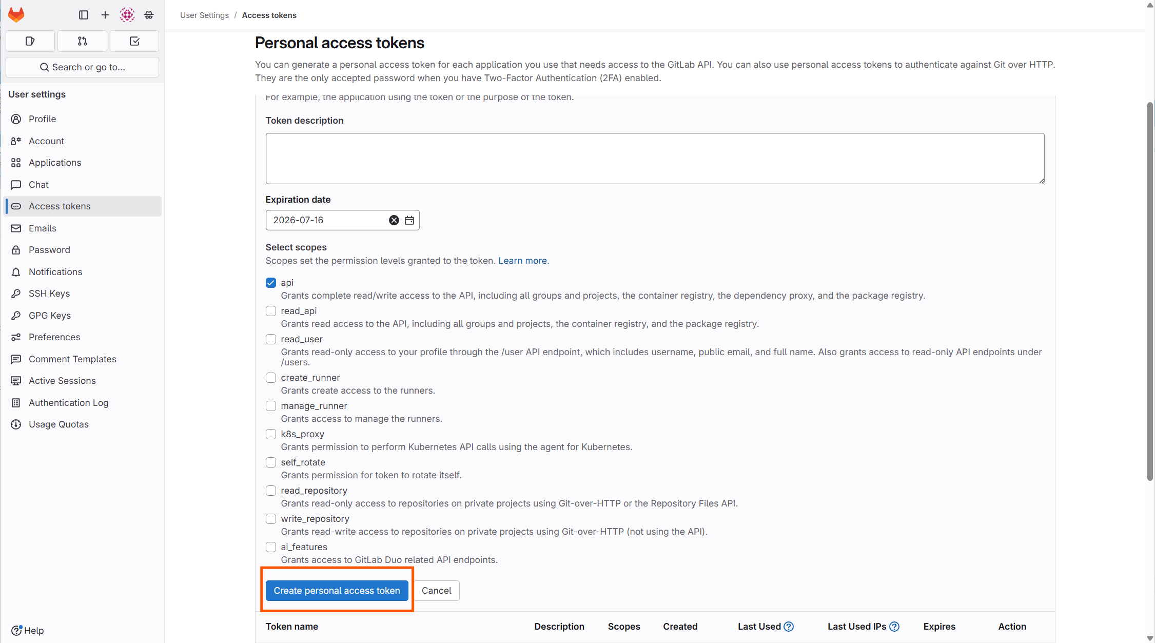 「Create personal access token」を押下