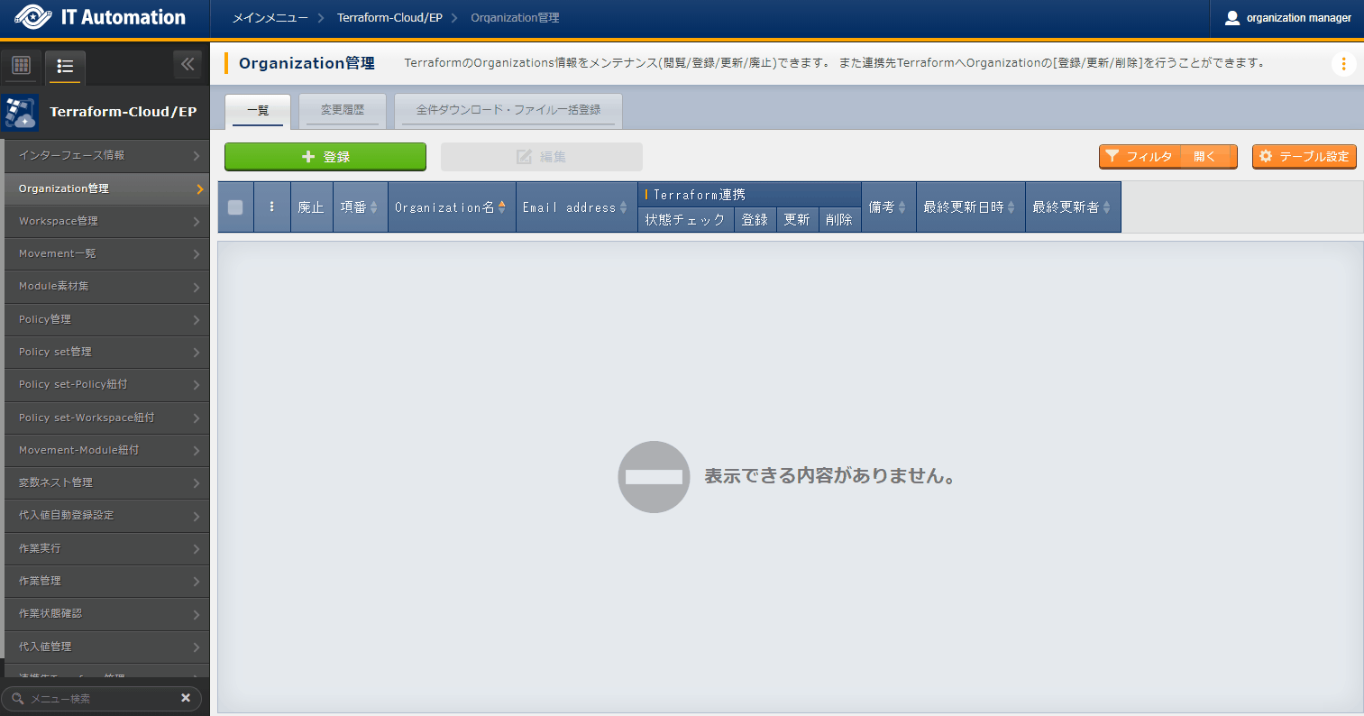 登録画面(Organization管理)