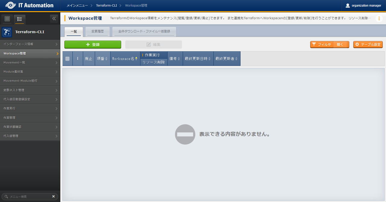 サブメニュー画面(Workspace管理)